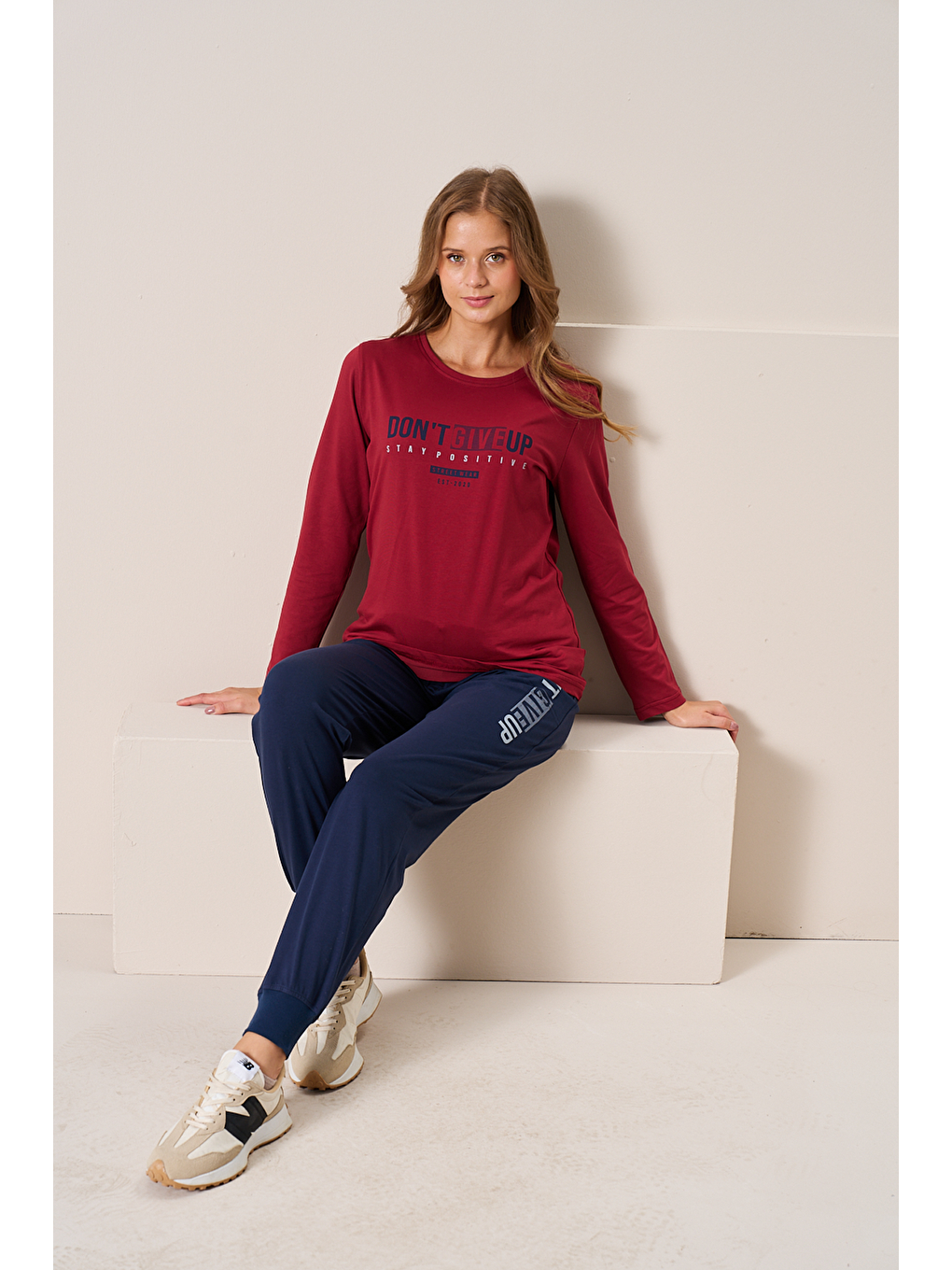 Kadın Penye Süprem Bisiklet Yaka Pijama Takım | Bordo 3198-4