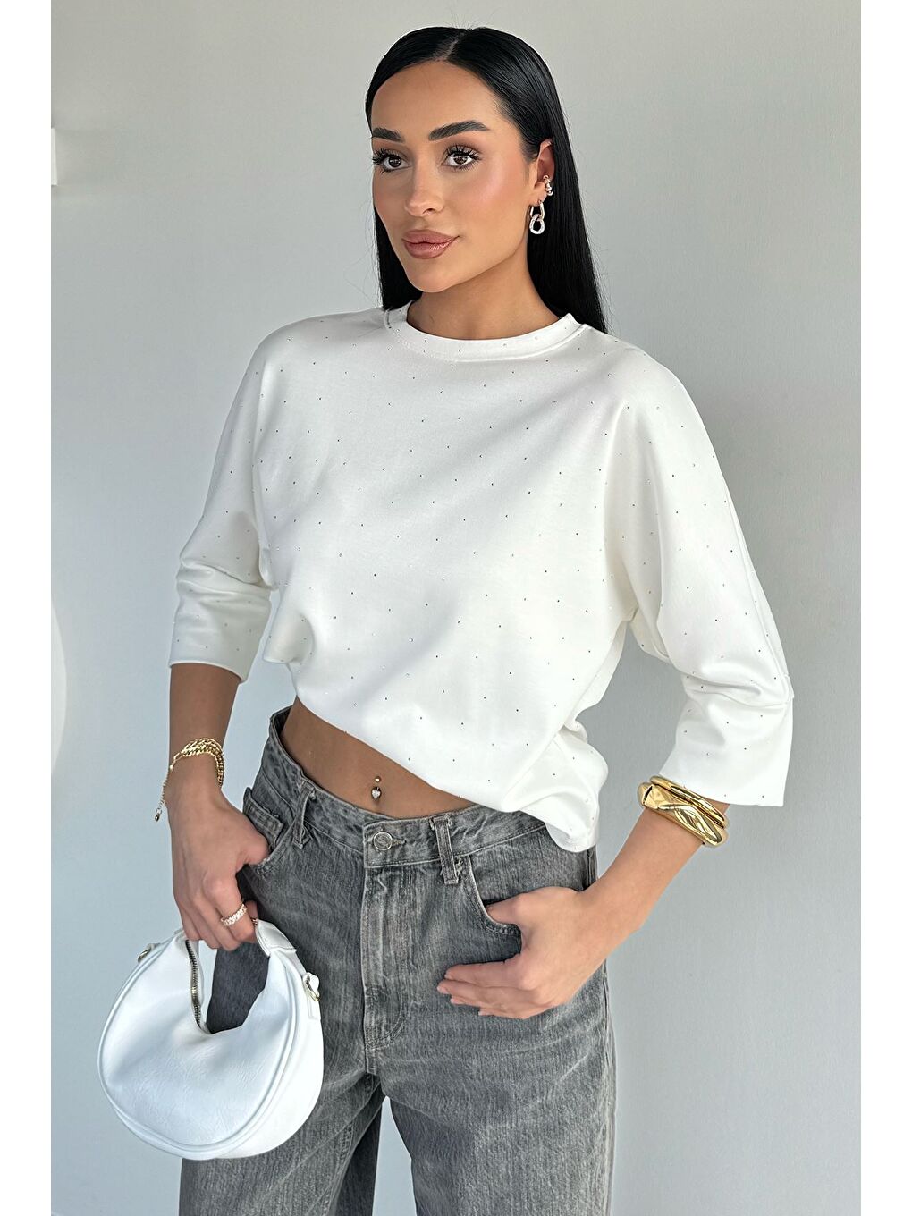 Ekru Kadın Taşlı Bluz-1