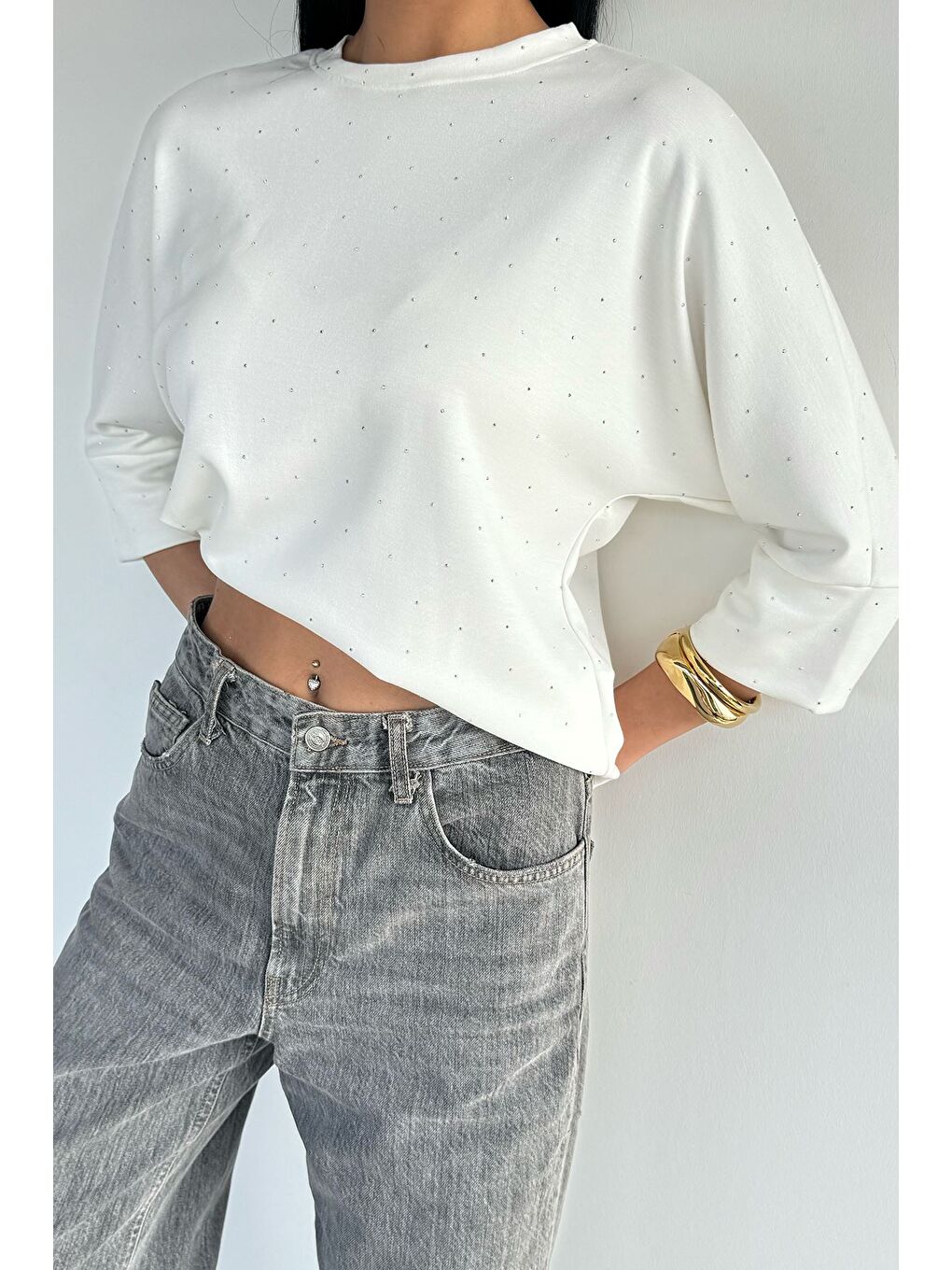 Ekru Kadın Taşlı Bluz-2