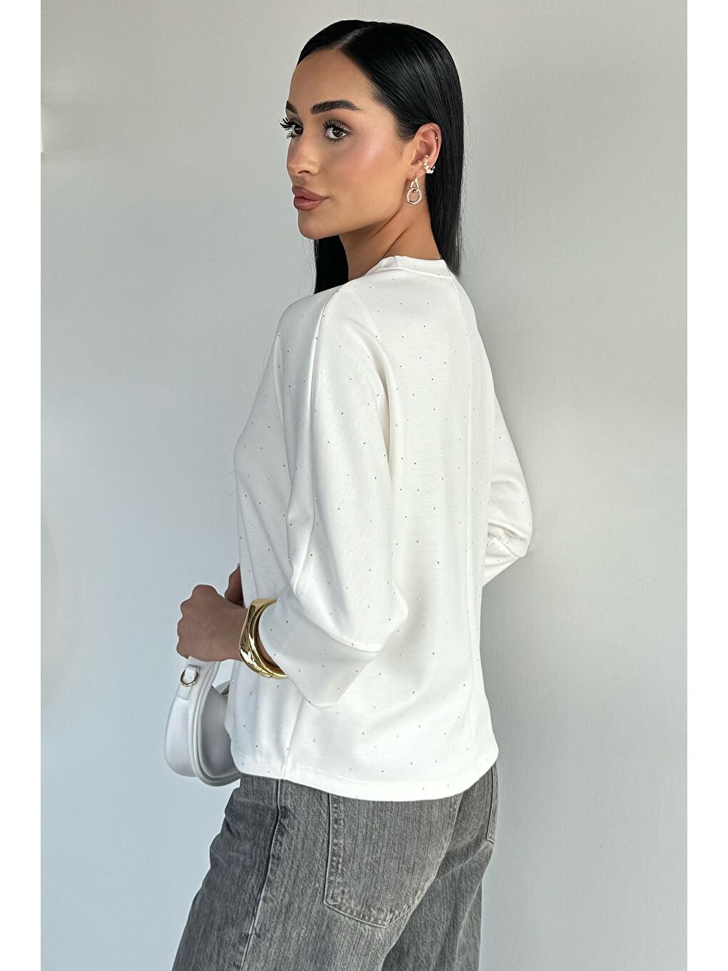 Ekru Kadın Taşlı Bluz-3