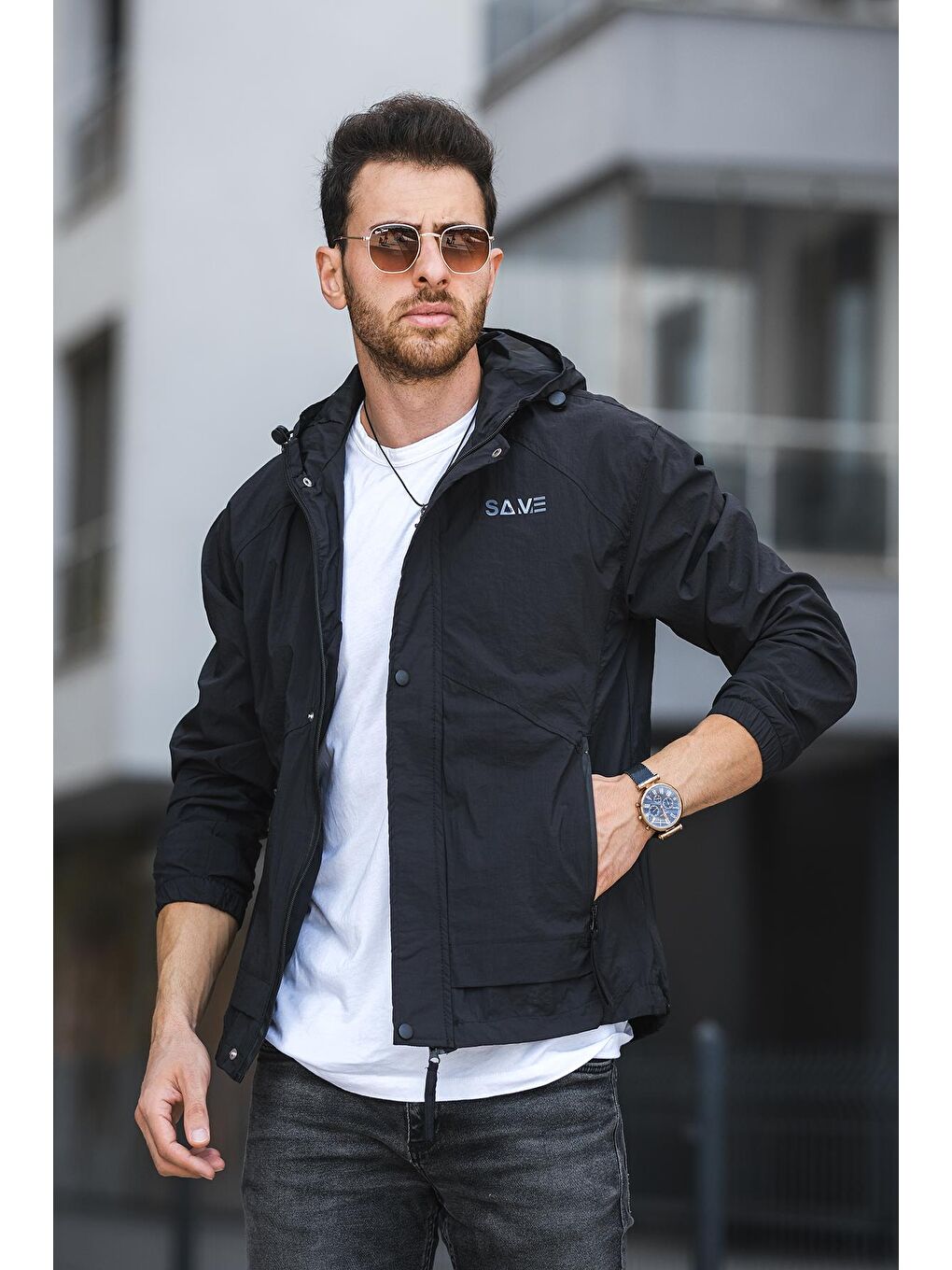 Siyah Save Baskılı Suya Dayanaklı Slim Fit Erkek Mevsimlik Mont Yağmurluk