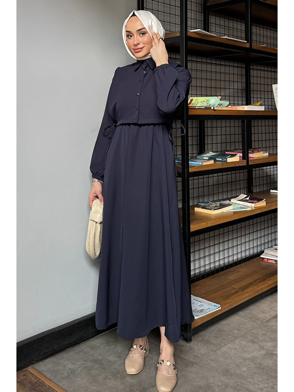 Lacivert Yan Bağlamalı Bluz Kombinli Tesettür Elbise-3