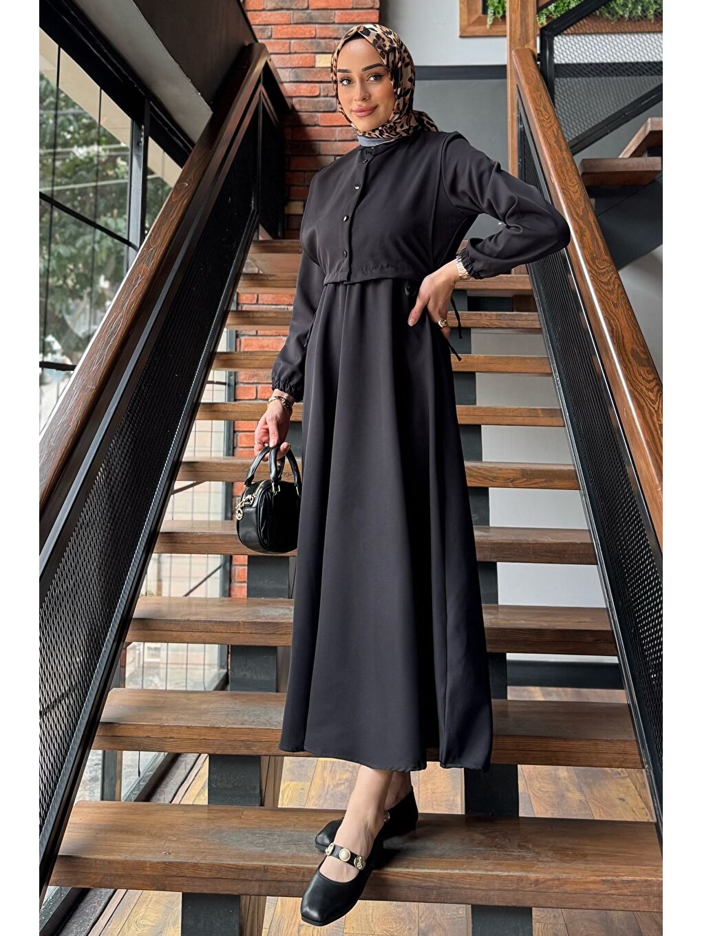 Siyah Yan Bağlamalı Bluz Kombinli Tesettür Elbise