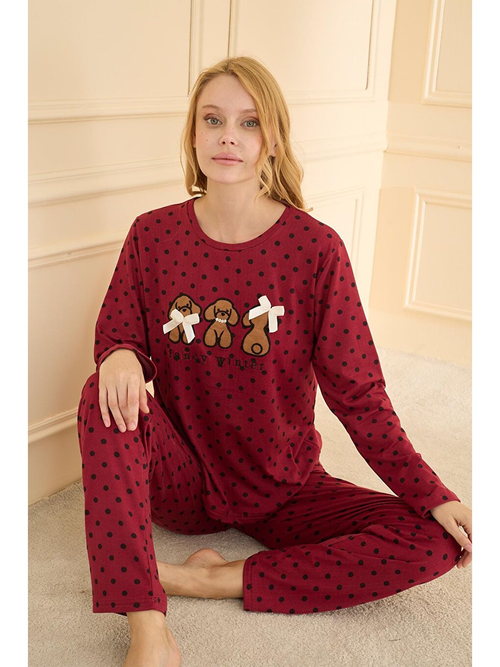 Kadın Sandy Genç Bisiklet Yaka Pijama Takım | Bordo 19104-2224-1