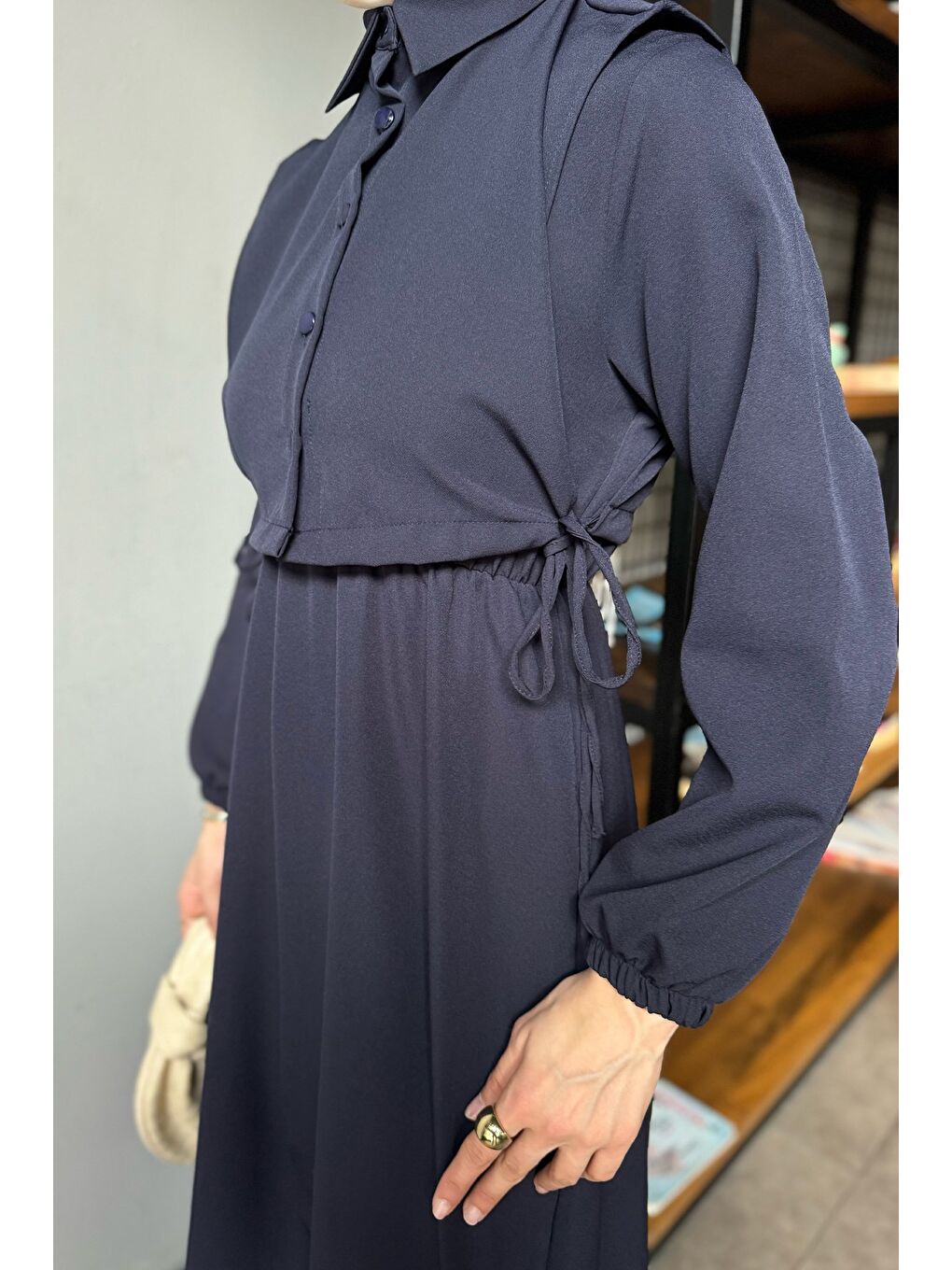 Lacivert Yan Bağlamalı Bluz Kombinli Tesettür Elbise-5