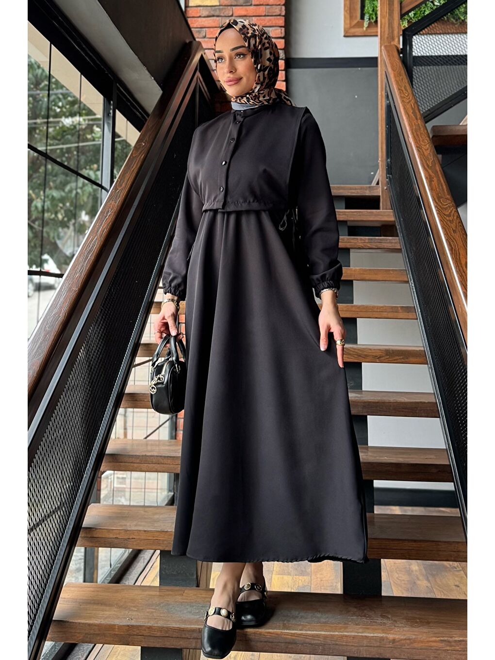 Siyah Yan Bağlamalı Bluz Kombinli Tesettür Elbise-2