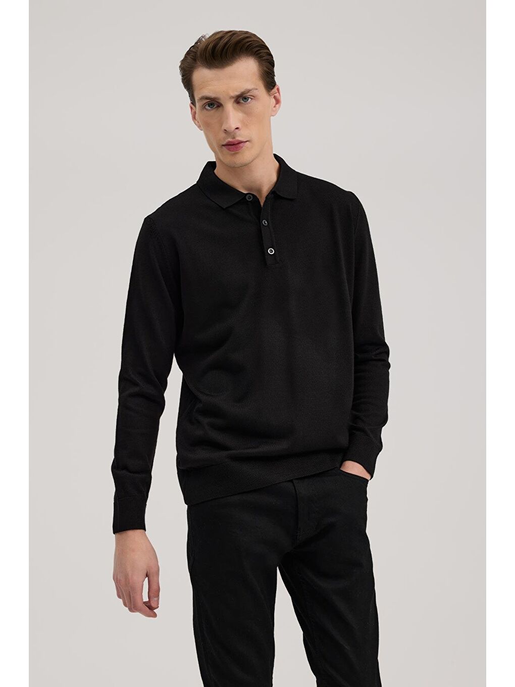 Siyah Comfort Fit Polo Yaka Yünlü Triko
