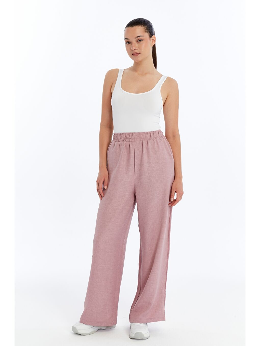 Pembe Kadın Pantolon Keten Karışımlı Belİ Lastikli Kırışmaz Pantolon KETEN-PANTOLON
