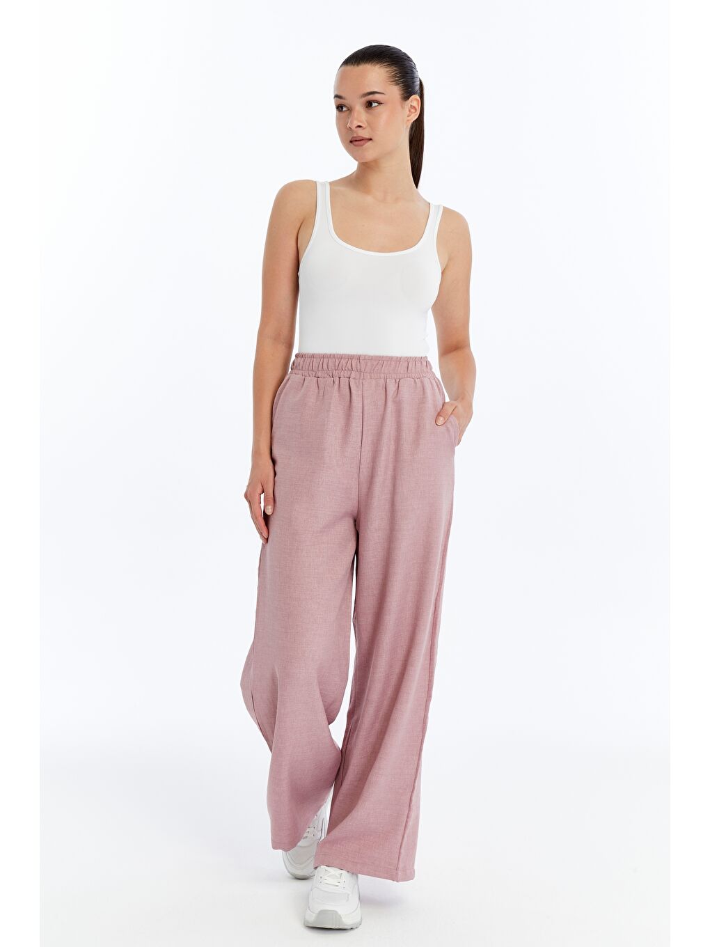 Pembe Kadın Pantolon Keten Karışımlı Belİ Lastikli Kırışmaz Pantolon KETEN-PANTOLON-1