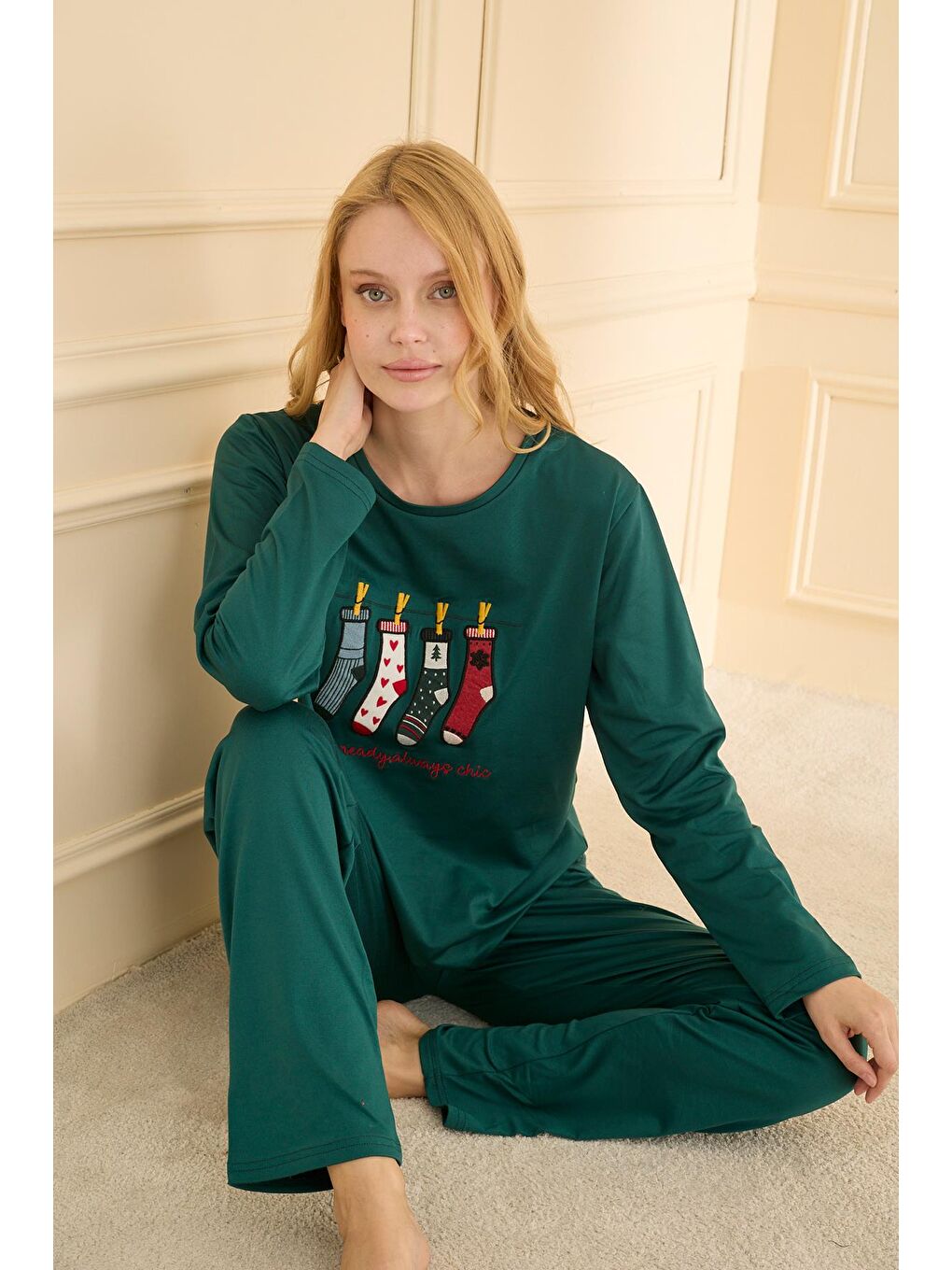 Kadın Sandy Genç Bisiklet Yaka Pijama Takım | Yeşil 19104-2214-1