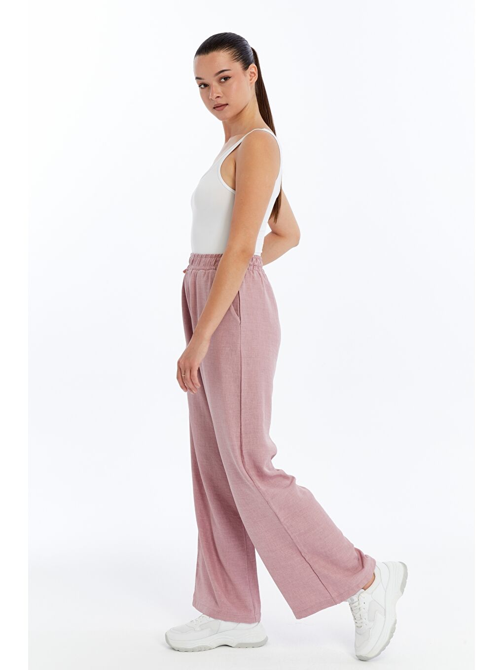 Pembe Kadın Pantolon Keten Karışımlı Belİ Lastikli Kırışmaz Pantolon KETEN-PANTOLON-2