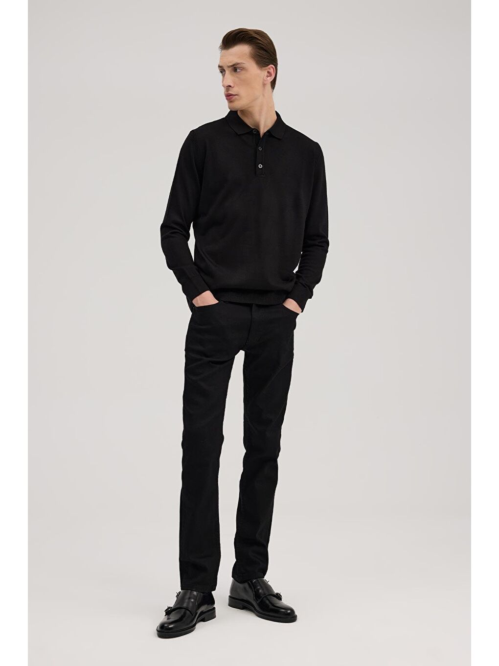 Siyah Comfort Fit Polo Yaka Yünlü Triko-1