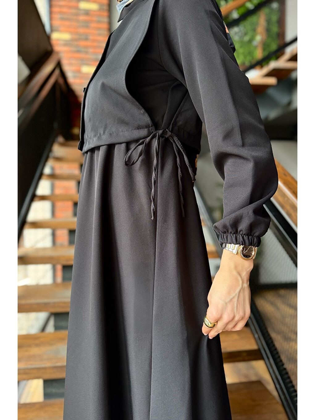 Siyah Yan Bağlamalı Bluz Kombinli Tesettür Elbise-5