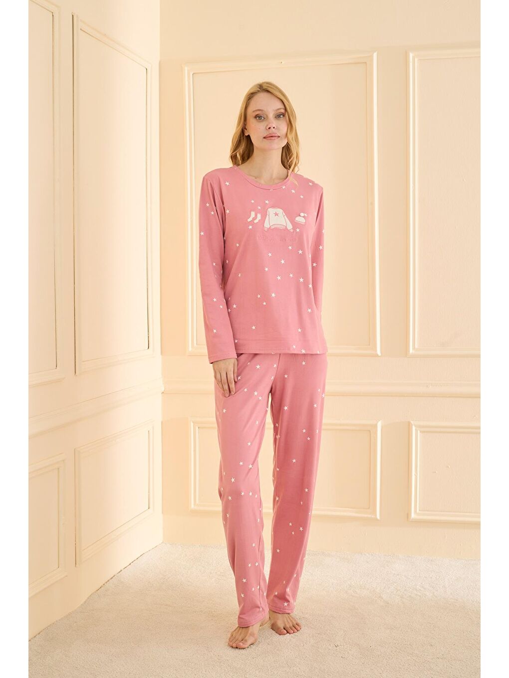 Pembe Kadın Sandy Genç Bisiklet Yaka Pijama Takım | Pudra 19104-2218