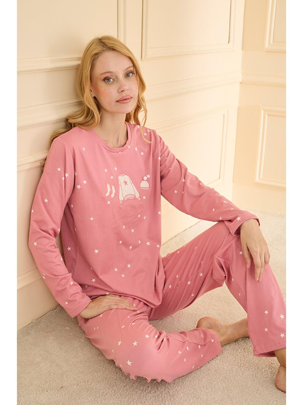 Pembe Kadın Sandy Genç Bisiklet Yaka Pijama Takım | Pudra 19104-2218-1