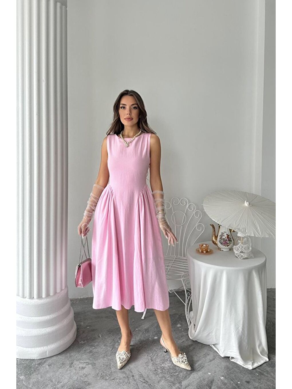 Pembe Yanları Büzgülü Midi Boy Keten Elbise-3