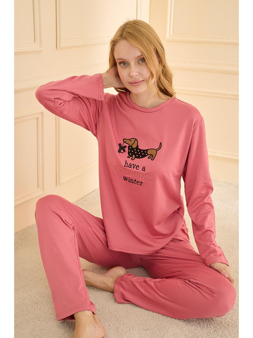 Pembe Kadın Sandy Genç Bisiklet Yaka Pijama Takım | Pudra 19104-2211-1