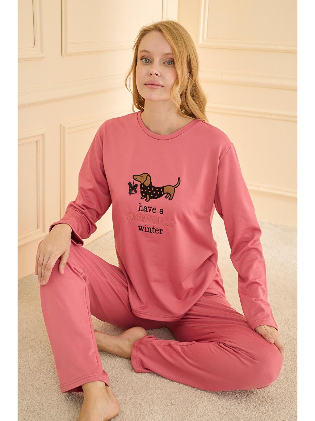 Pembe Kadın Sandy Genç Bisiklet Yaka Pijama Takım | Pudra 19104-2211-2