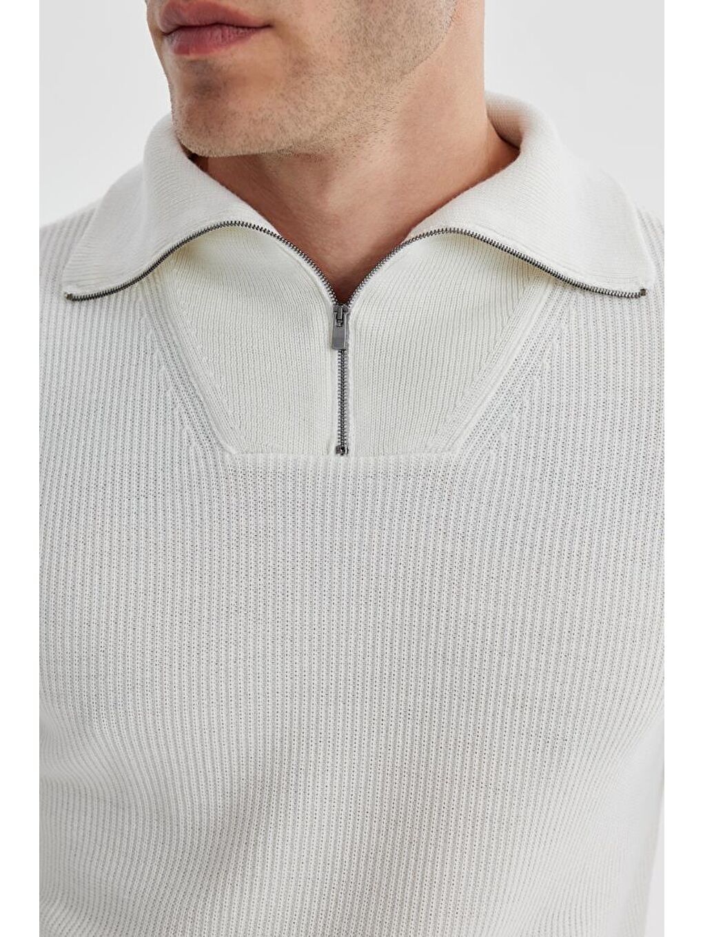 Ekru Slim Fit Yünlü Fermuarlı Yaka Triko-2