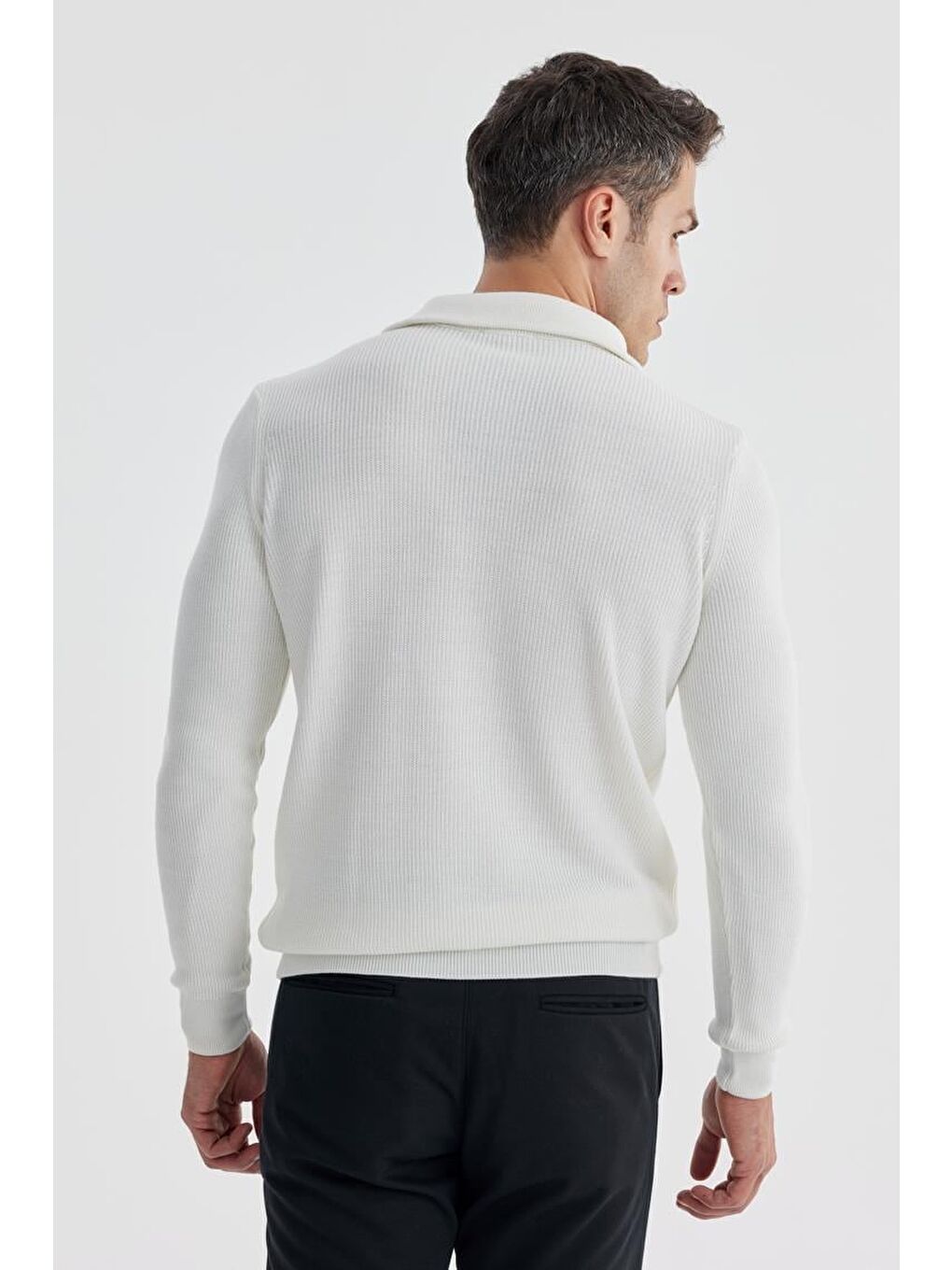 Ekru Slim Fit Yünlü Fermuarlı Yaka Triko-3