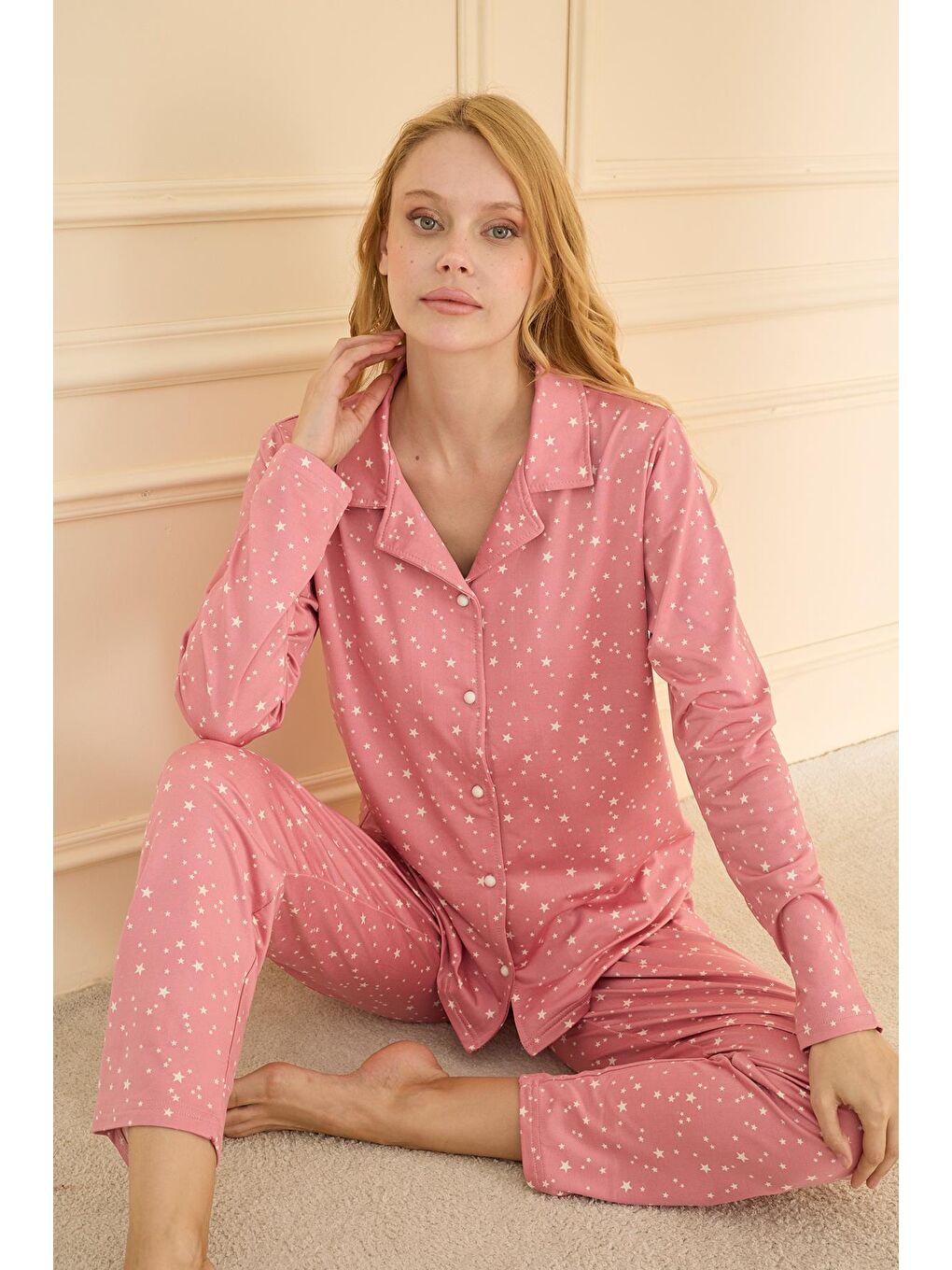 Pembe Kadın Sandy Genç Önden Düğmeli Pijama Takımı | Pudra 19103-554-1
