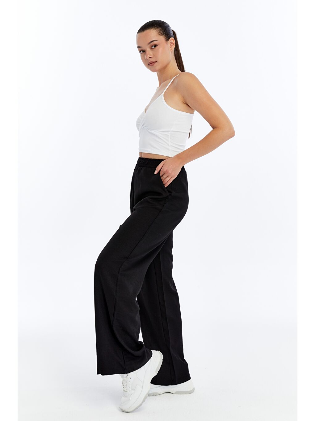 Siyah Kadın Pantolon Keten Karışımlı Belİ Lastikli Kırışmaz Pantolon KETEN-PANTOLON-2