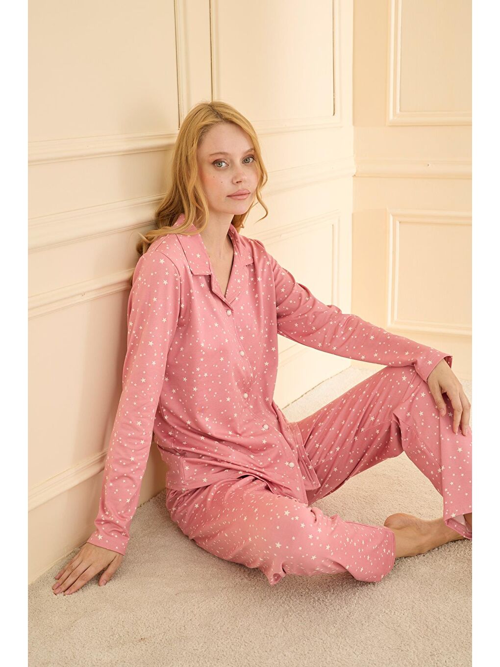 Pembe Kadın Sandy Genç Önden Düğmeli Pijama Takımı | Pudra 19103-554-2