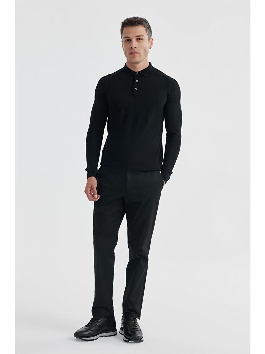 Siyah Slim Fit Yünlü Desenli Polo Yaka Triko