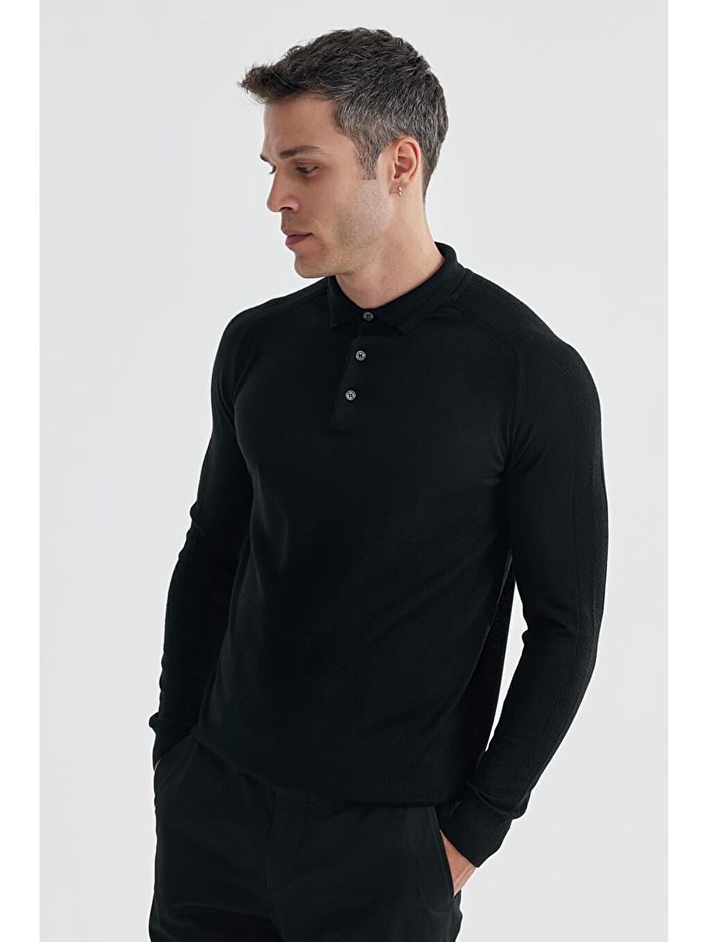 Siyah Slim Fit Yünlü Desenli Polo Yaka Triko-1