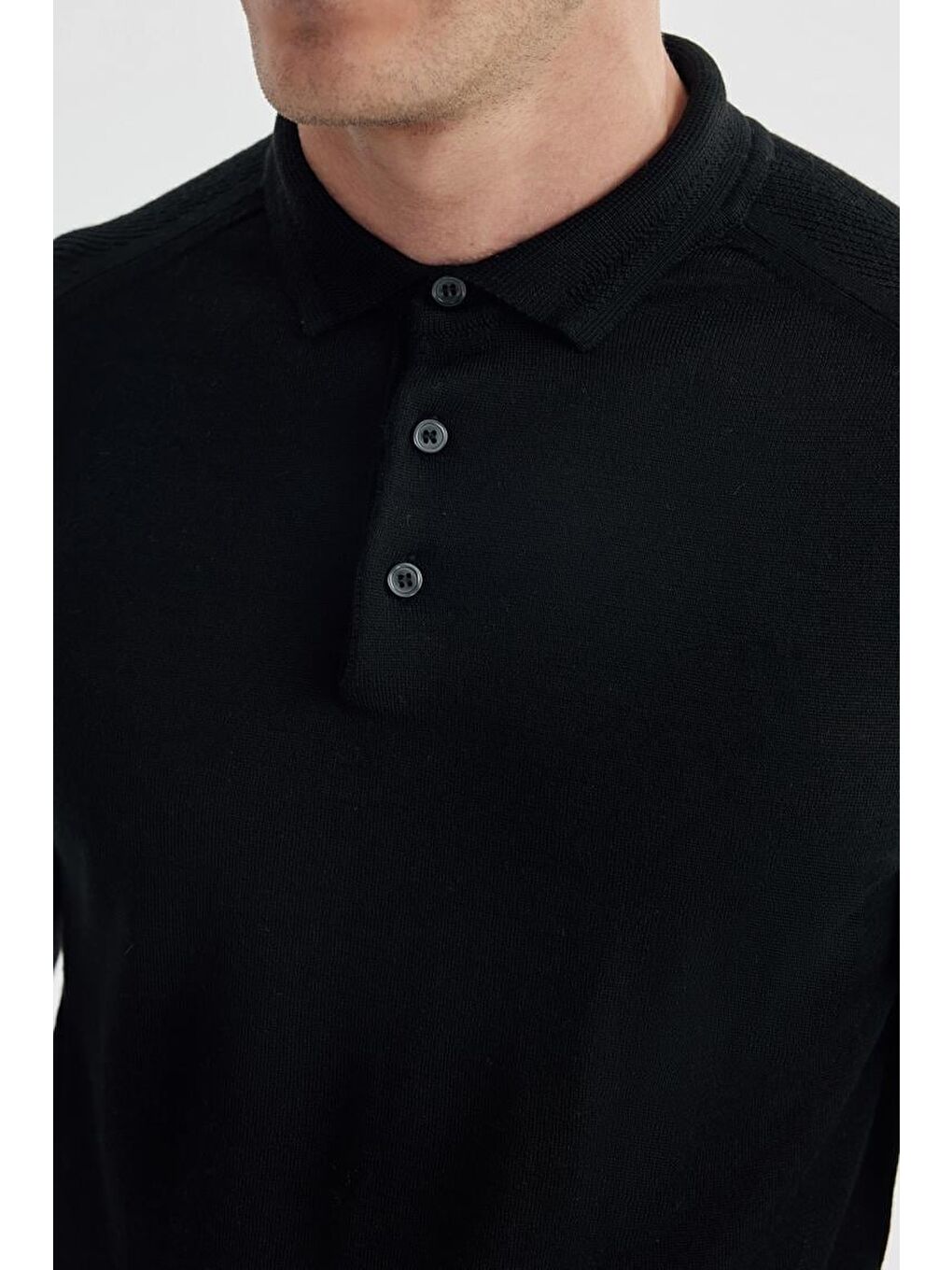 Siyah Slim Fit Yünlü Desenli Polo Yaka Triko-2