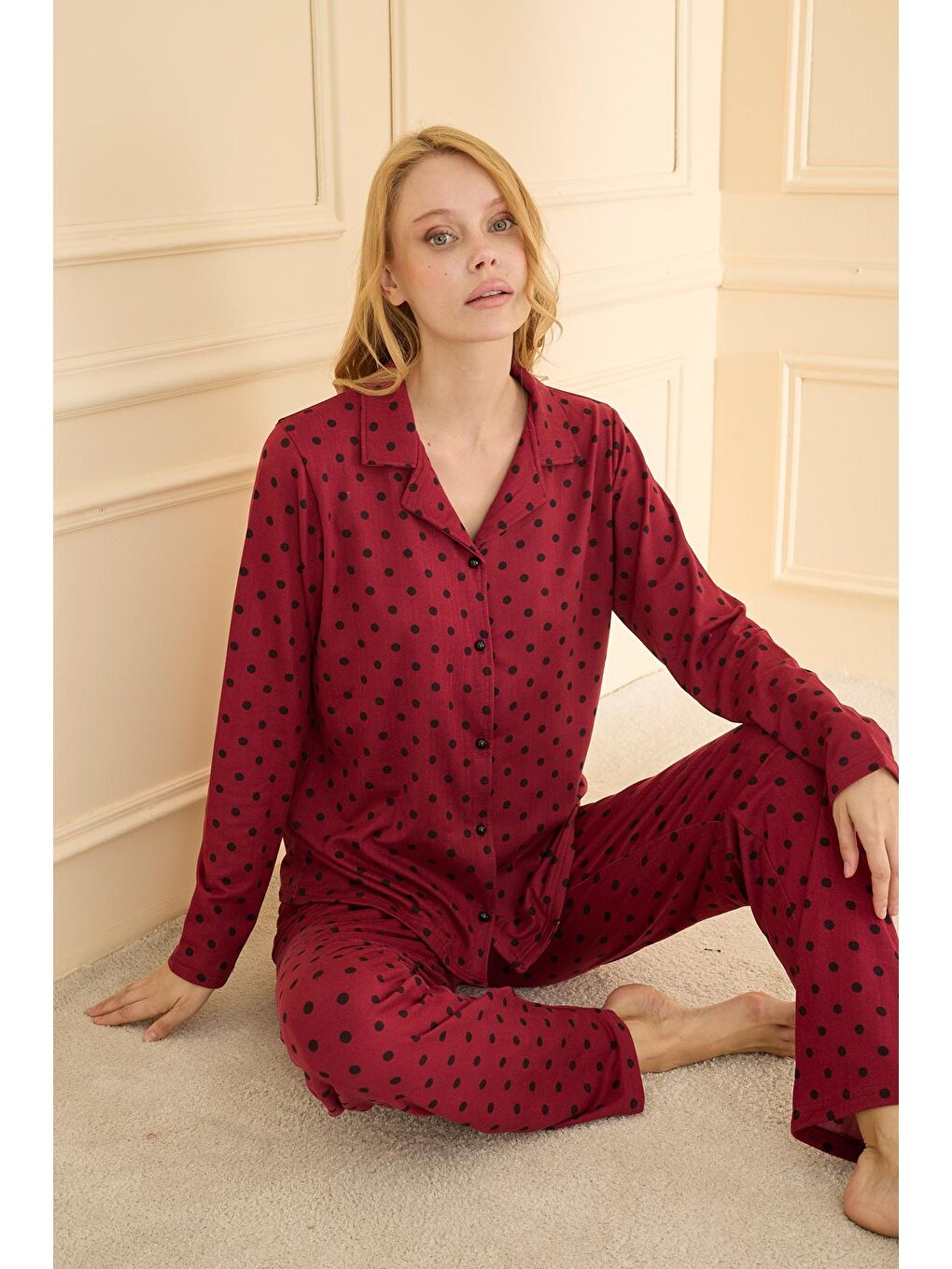 Kadın Sandy Genç Önden Düğmeli Pijama Takımı | Bordo 19103-054-1