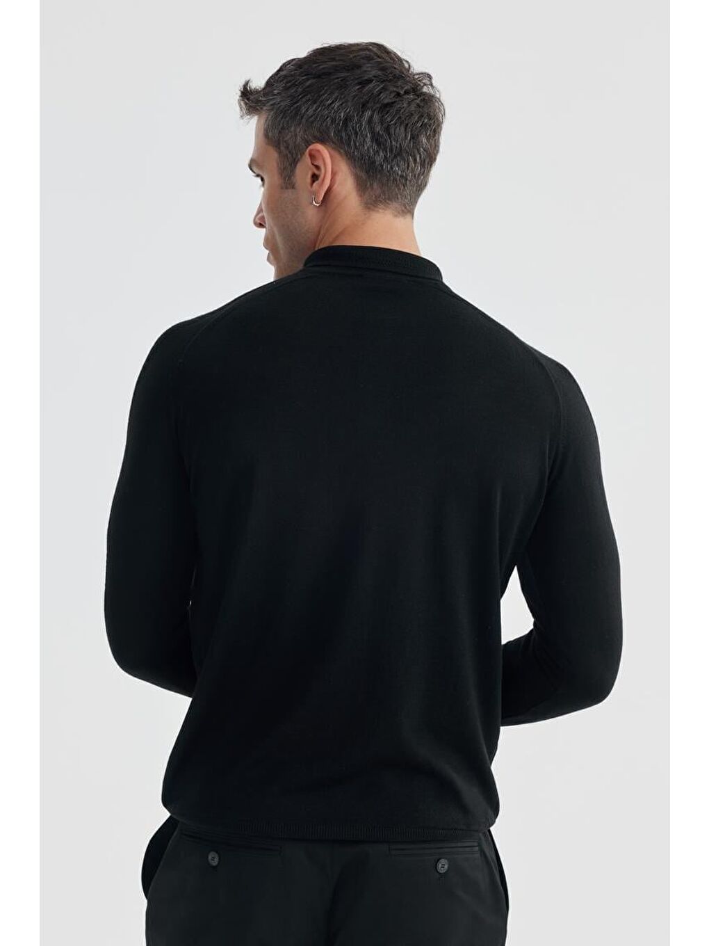 Siyah Slim Fit Yünlü Desenli Polo Yaka Triko-3