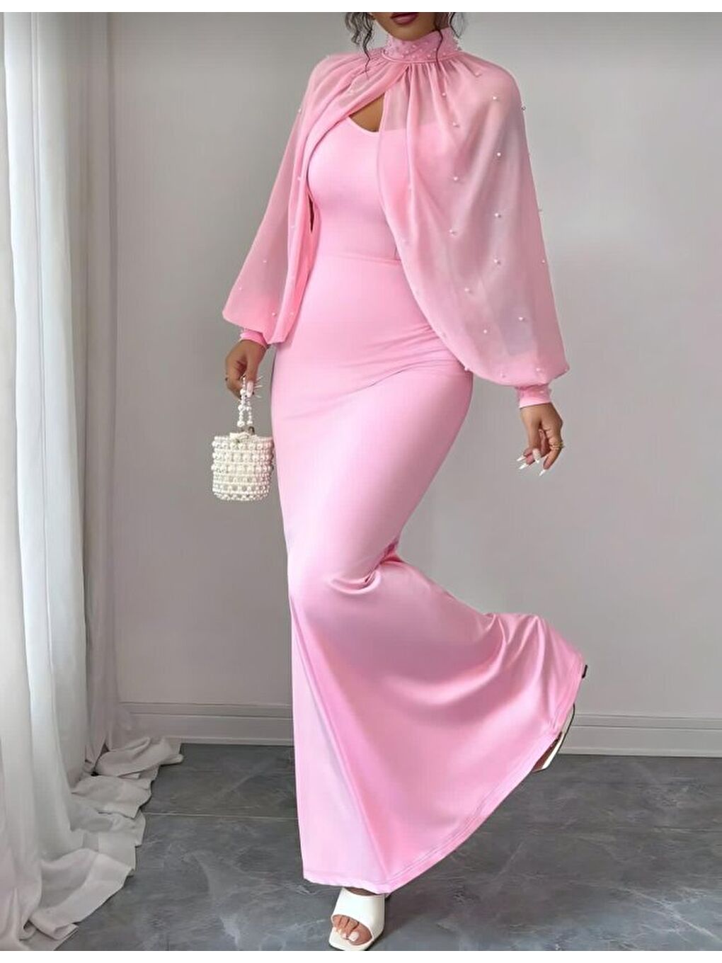 Pembe Kadın Balıkçı Yaka İnci Ve Tül Detay Dalgıç Kumaş Maxi Boy Elbise