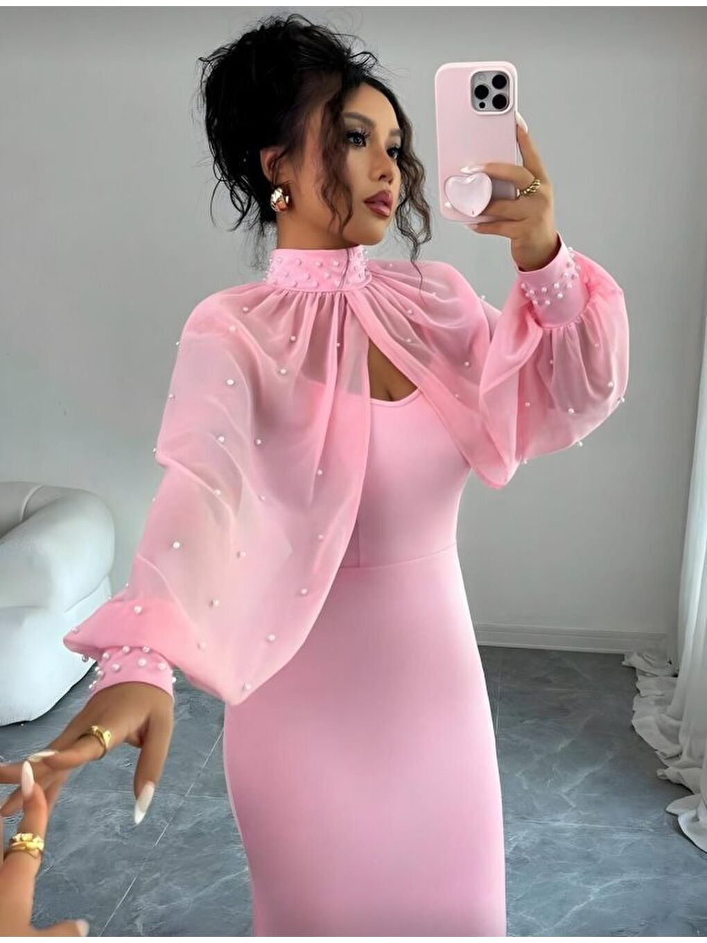 Pembe Kadın Balıkçı Yaka İnci Ve Tül Detay Dalgıç Kumaş Maxi Boy Elbise-1