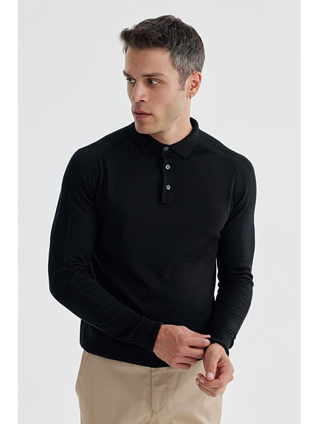 Lacivert Slim Fit Yünlü Desenli Polo Yaka Triko-1
