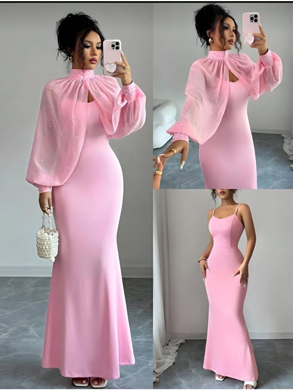 Pembe Kadın Balıkçı Yaka İnci Ve Tül Detay Dalgıç Kumaş Maxi Boy Elbise-2