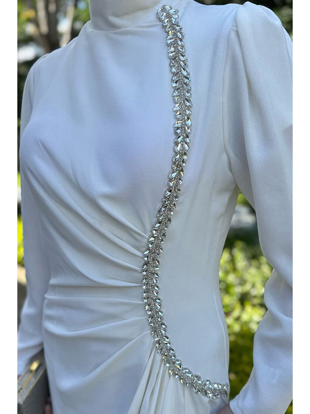 Ekru Kadın Taş İşlemeli Drapeli Büyük Beden Tesettür Abiye-5