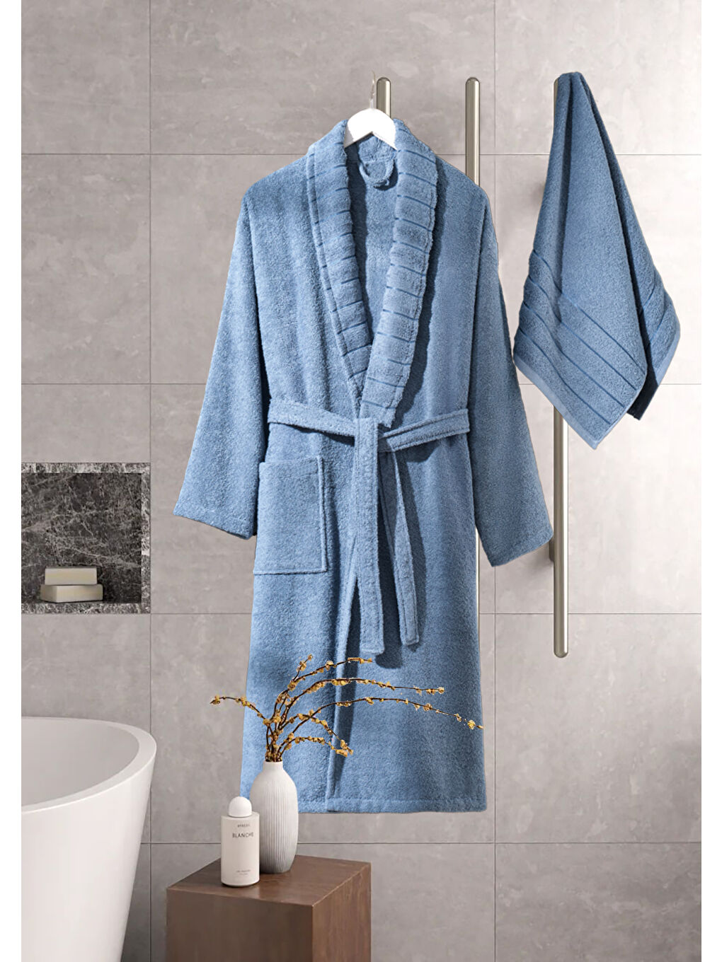 Bornoz - Havlu Seti Carla İndigo Mavi S/M+50x90cm-2