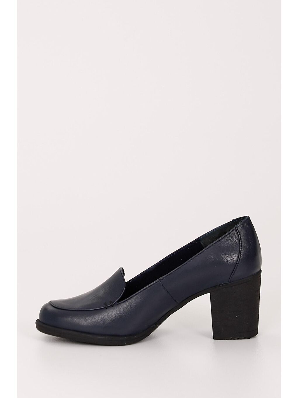 Lacivert LACİVERT  Hakiki Deri Yuvarlak Burun Kalın Orta Topuklu Kauçuk Taban Kadın Loafer Ayakkabı 24070-5