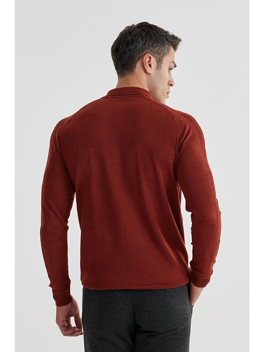 Kahverengi Kiremit Slim Fit Yünlü Desenli Polo Yaka Triko-3