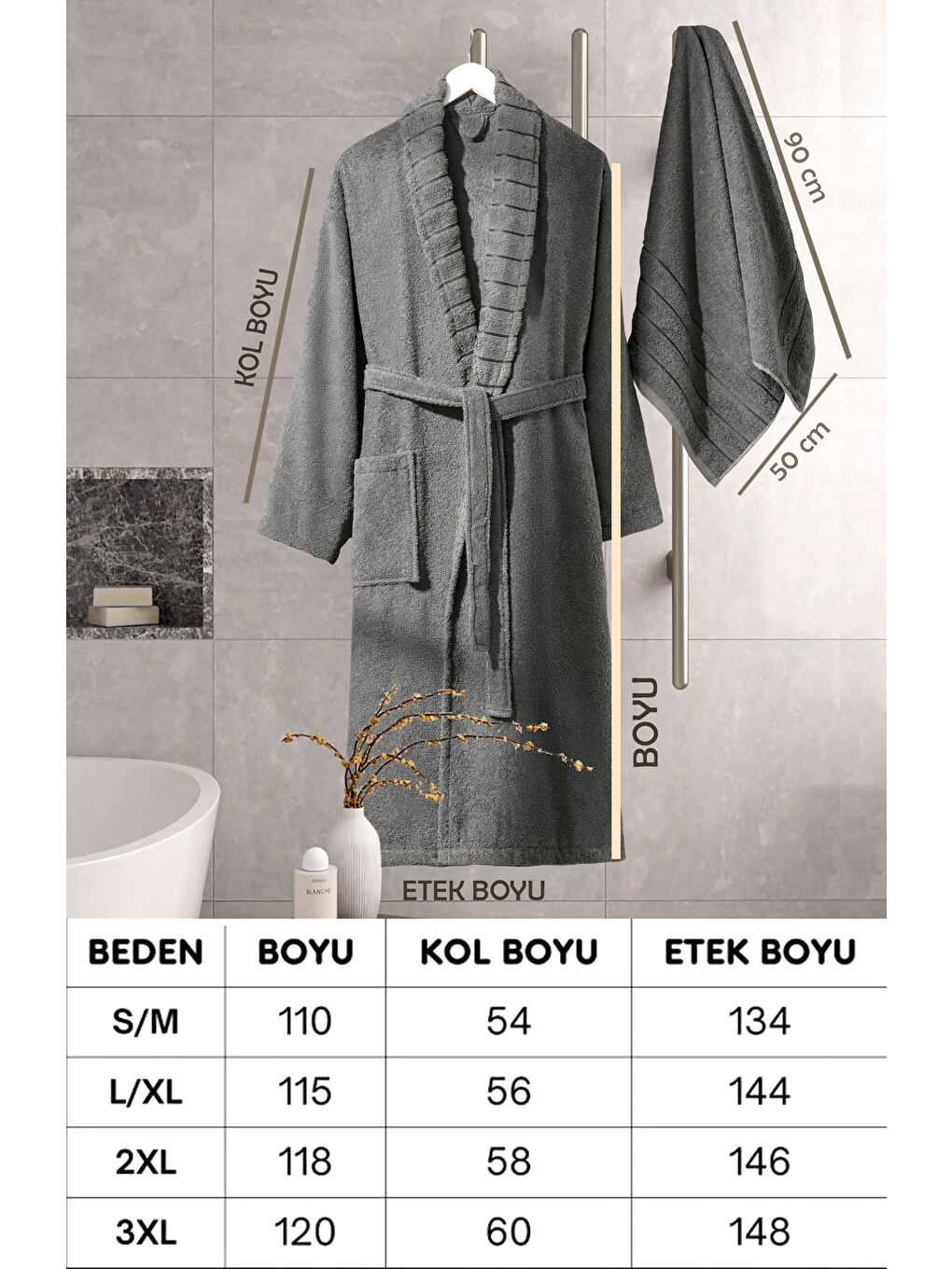 Bornoz - Havlu Seti Carla Antrasit L/XL+50x90cm-3