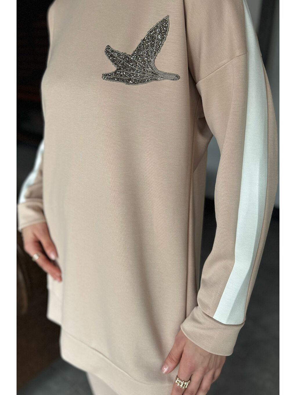 Bej Büyük Beden Renk Garnili Taş İşlemeli Tunik Pantolon Tesettür İkili Takım-5