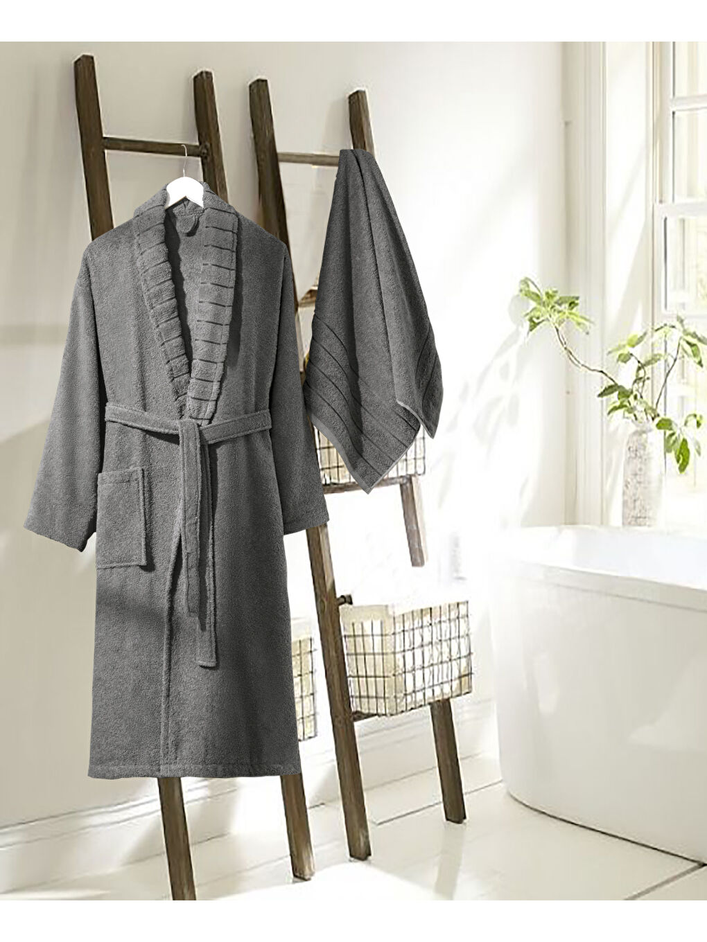 Bornoz - Havlu Seti Carla Antrasit S/M+50x90cm-1