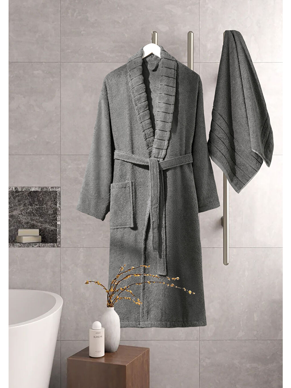 Bornoz - Havlu Seti Carla Antrasit S/M+50x90cm-2