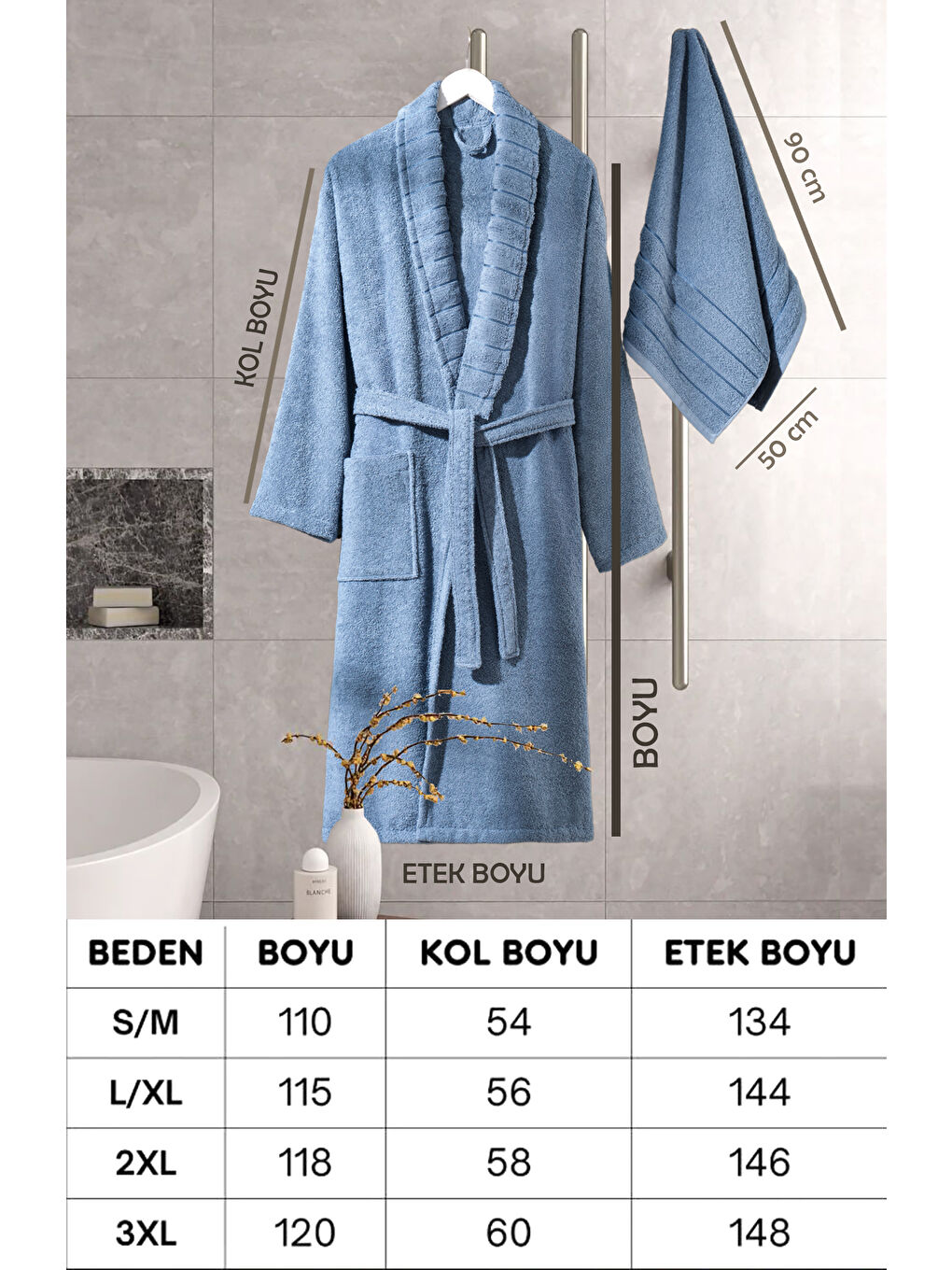 Bornoz - Havlu Seti Carla İndigo Mavi L/XL+50x90cm-3