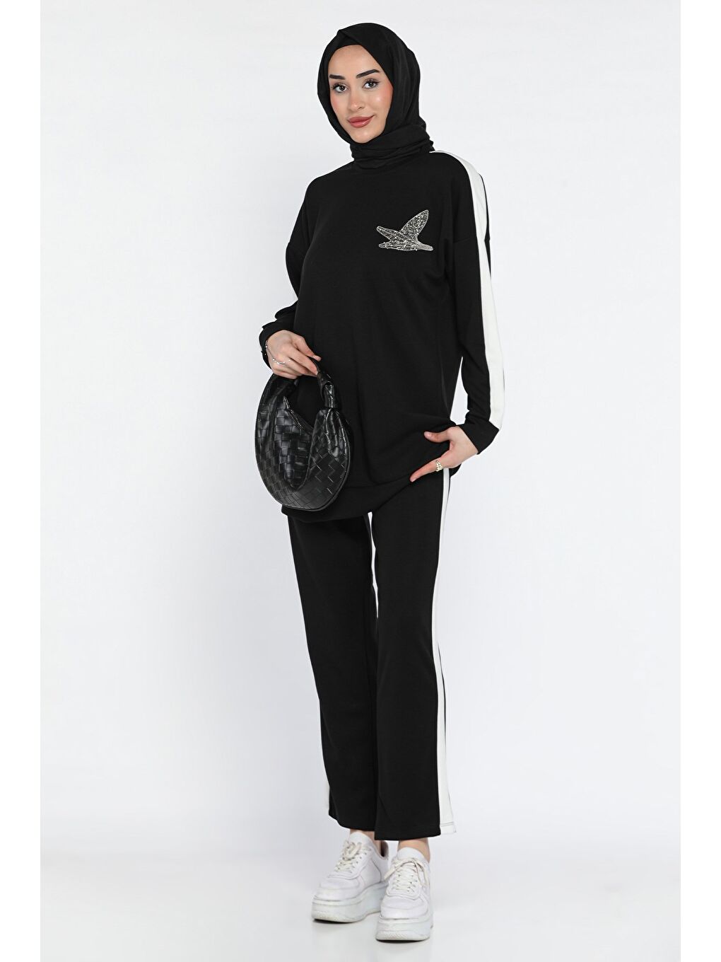 Siyah Büyük Beden Renk Garnili Taş İşlemeli Tunik Pantolon Tesettür İkili Takım