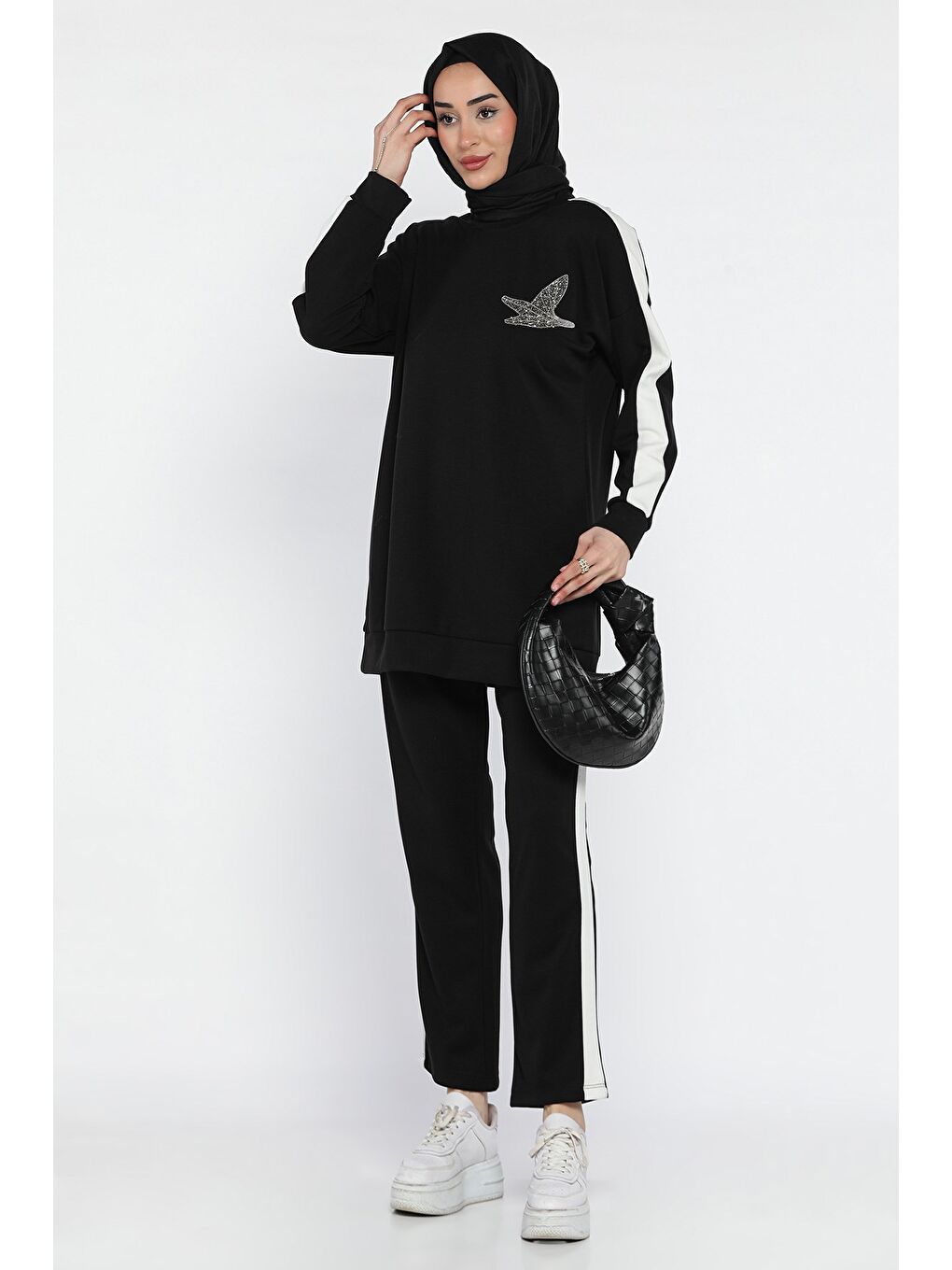 Siyah Büyük Beden Renk Garnili Taş İşlemeli Tunik Pantolon Tesettür İkili Takım-2