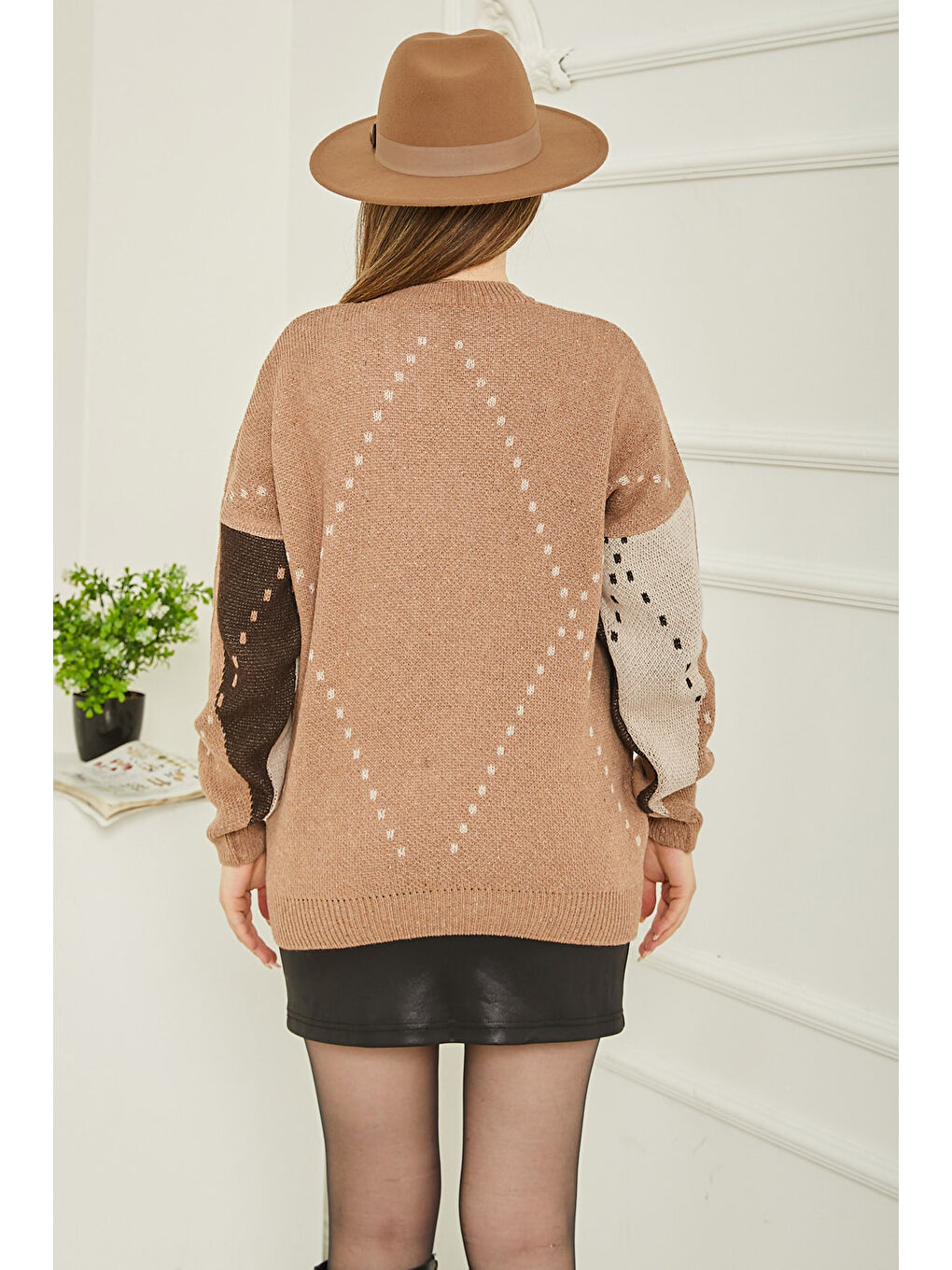 Bej Baklava Desen Triko Kazak Vizon - 27671-2