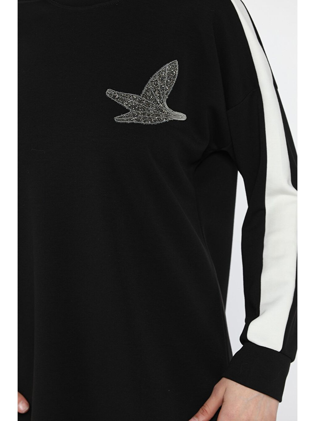 Siyah Büyük Beden Renk Garnili Taş İşlemeli Tunik Pantolon Tesettür İkili Takım-6