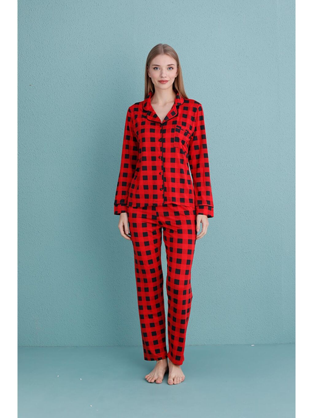 Kadın Milan Genç Önden Düğmeli Pijama Takımı | Kırmızı 50905-320